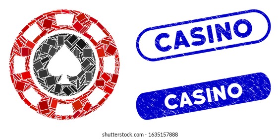 Mosaic spades casino chip and grunge stamp watermarks with Casino text. Mosaic vector spades casino chip is created with random rectangle items. Casino stamp seals use blue color,