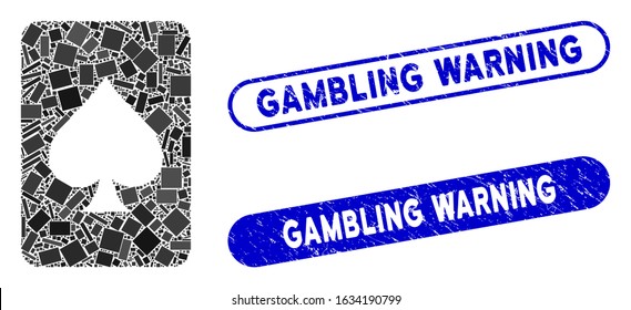 Mosaic spades gambling card and grunge stamp seals with Gambling Warning text. Mosaic vector spades gambling card is composed with randomized rectangles. Gambling Warning stamp seals use blue color,