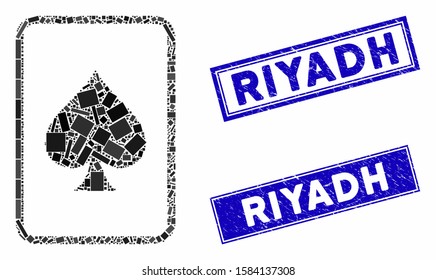 Mosaic spades gambling card icon and rectangular Riyadh watermarks. Flat vector spades gambling card mosaic icon of randomized rotated rectangular items. Blue Riyadh watermarks with corroded texture.