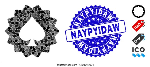 Mosaic spades token icon and corroded stamp seal with Naypyidaw phrase. Mosaic vector is formed with spades token icon and with scattered spheric items. Naypyidaw seal uses blue color,