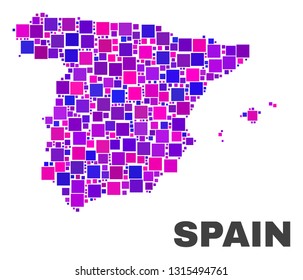 Mosaic Spain map isolated on a white background. Vector geographic abstraction in pink and violet colors. Mosaic of Spain map combined of scattered square items.