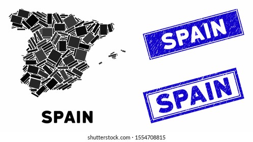 Mosaic Spain map and rectangular stamps. Flat vector Spain map mosaic of randomized rotated rectangular elements. Blue caption stamps with scratched texture.