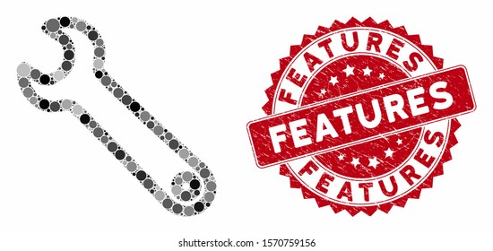 Mosaic spanner and corroded stamp seal with Features phrase. Mosaic vector is formed with spanner icon and with random spheric items. Features stamp seal uses red color, and dirty surface.