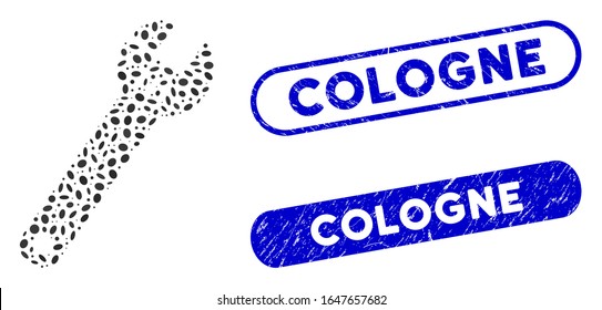 Sellos de estampado de mosaico y grunge con la leyenda de Colonia. El spanner vectorial mosaico se crea con elementos elípticos aleatorios. Los sellos de sello de Colonia utilizan el color azul y tienen forma rectangular redonda.