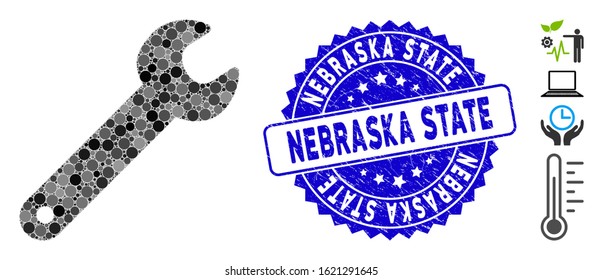 Mosaic spanner icon and distressed stamp seal with Nebraska State phrase. Mosaic vector is created with spanner icon and with random spheric items. Nebraska State stamp seal uses blue color,