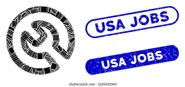 Mosaic spanner install and rubber stamp seals with USA Jobs caption. Mosaic vector spanner install is created with random rectangle items. USA Jobs stamp seals use blue color,