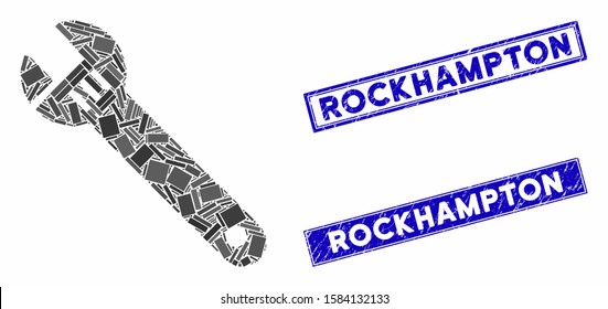 Mosaic spanner pictogram and rectangular Rockhampton seals. Flat vector spanner mosaic pictogram of scattered rotated rectangular items. Blue Rockhampton rubber seals with rubber surface.