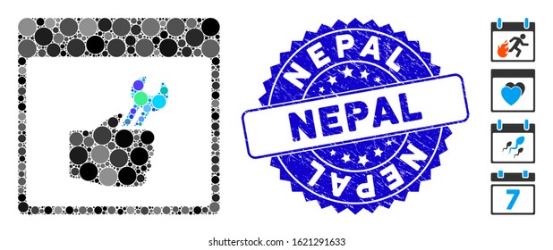 Mosaic spanner service hand calendar page icon and grunge stamp seal with Nepal caption. Mosaic vector is designed with spanner service hand calendar page icon and with scattered spheric spots.