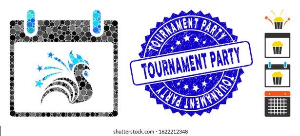Mosaic sparkle rooster calendar day icon and grunge stamp seal with Tournament Party caption. Mosaic vector is composed with sparkle rooster calendar day pictogram and with random circle elements.