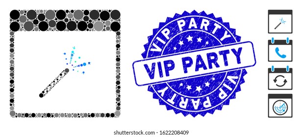 Mosaic sparkler firecracker calendar page icon and grunge stamp seal with Vip Party caption. Mosaic vector is created with sparkler firecracker calendar page icon and with scattered round elements.