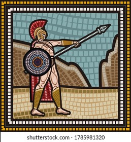 Mosaik eines Spartans mit Speer und Schild