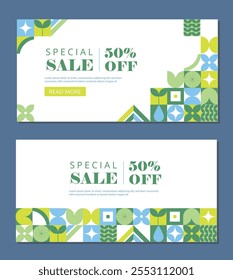 Mosaic special sale banners set. Discounts and promotions, special limited offer. Abstract creativity and art. Landing webpage design. Flat vector collection isolated on blue background