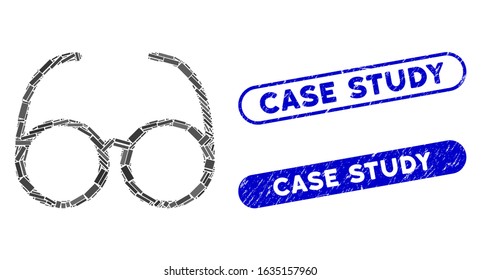 Mosaic spectacles and corroded stamp seals with Case Study caption. Mosaic vector spectacles is created with random rectangle items. Case Study seals use blue color, and have round rectangle shape.