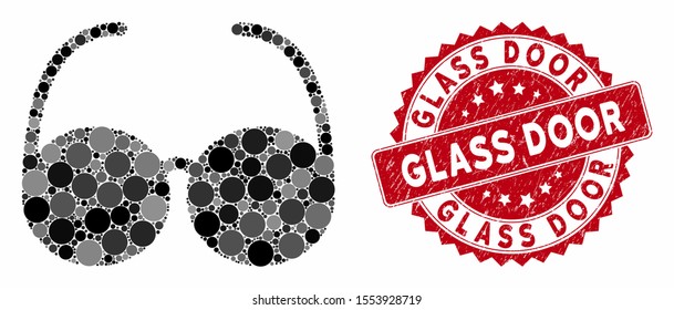 Mosaic spectacles and distressed stamp watermark with Glass Door phrase. Mosaic vector is created with spectacles icon and with random spheric spots. Glass Door stamp seal uses red color,