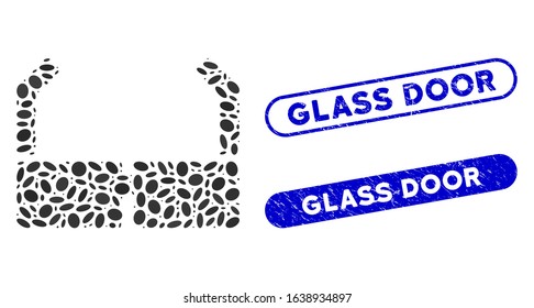 Mosaic spectacles and distressed stamp watermarks with Glass Door text. Mosaic vector spectacles is created with randomized elliptic parts. Glass Door stamp seals use blue color,