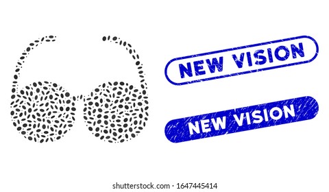 Mosaic spectacles and grunge stamp seals with New Vision caption. Mosaic vector spectacles is created with scattered oval parts. New Vision stamp seals use blue color, and have round rectangle shape.