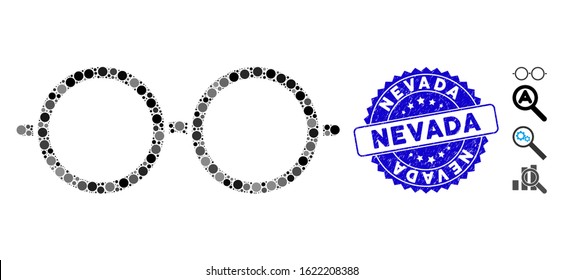 Mosaic spectacles icon and distressed stamp seal with Nevada phrase. Mosaic vector is created with spectacles icon and with random spheric items. Nevada stamp seal uses blue color, and grunge surface.