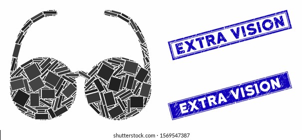 Mosaic spectacles icon and rectangular seals. Flat vector spectacles mosaic icon of randomized rotated rectangular items. Blue caption seals with corroded textures.
