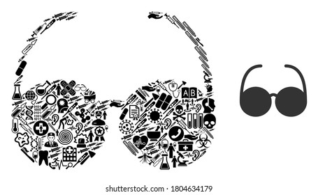 Mosaic spectacles of medical items and basic icon. Mosaic vector spectacles is formed with medic items. Flat illustrations elements for pharmacy purposes.