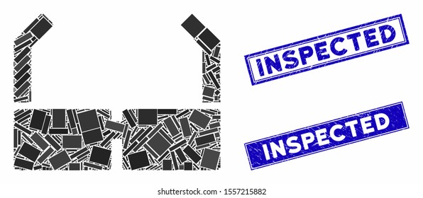 Mosaic spectacles pictogram and rectangle seal stamps. Flat vector spectacles mosaic pictogram of randomized rotated rectangle elements. Blue caption rubber stamps with distress texture.