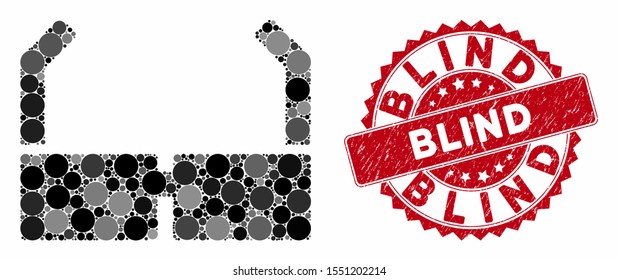 Mosaic spectacles and rubber stamp watermark with Blind text. Mosaic vector is created with spectacles icon and with random round spots. Blind stamp uses red color, and rubber texture.