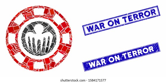 Mosaic spectre casino chip icon and rectangular War on Terror seals. Flat vector spectre casino chip mosaic icon of scattered rotated rectangular items.