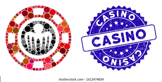 Mosaic spectre casino chip icon and grunge stamp seal with Casino text. Mosaic vector is designed with spectre casino chip icon and with random circle items. Casino stamp seal uses blue color,