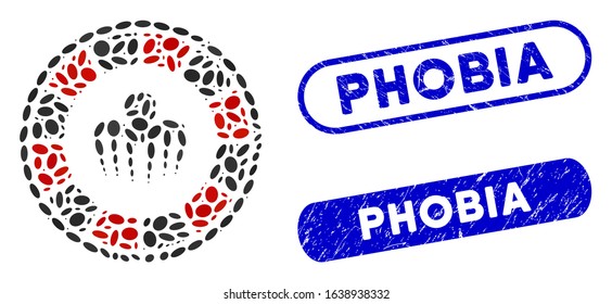 Mosaic spectre casino and distressed stamp watermarks with Phobia caption. Mosaic vector spectre casino is composed with random elliptic pieces. Phobia stamp seals use blue color,