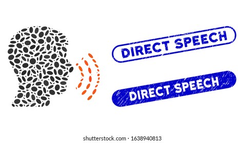 Mosaic speech and corroded stamp watermarks with Direct Speech text. Mosaic vector speech is designed with scattered elliptic spots. Direct Speech stamp seals use blue color,