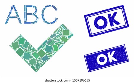 Mosaic spell checking pictogram and rectangle watermarks. Flat vector spell checking mosaic pictogram of scattered rotated rectangle elements. Blue caption watermarks with distress surface.