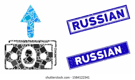 Mosaic spend banknotes pictogram and rectangle Russian rubber prints. Flat vector spend banknotes mosaic icon of scattered rotated rectangle items. Blue Russian rubber stamps with grunge surface.