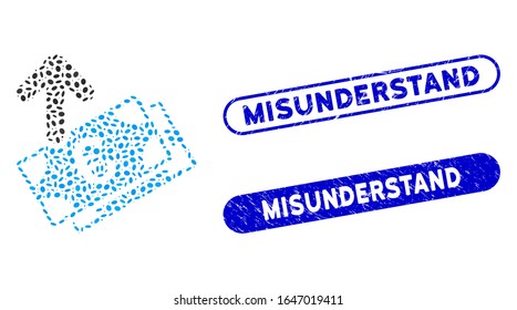 Mosaic spend Euro banknotes and rubber stamp seals with Misunderstand phrase. Mosaic vector spend Euro banknotes is composed with scattered ellipse dots. Misunderstand stamp seals use blue color,
