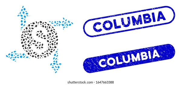 Mosaic spend money and corroded stamp watermarks with Columbia caption. Mosaic vector spend money is created with randomized ellipse spots. Columbia stamps use blue color,