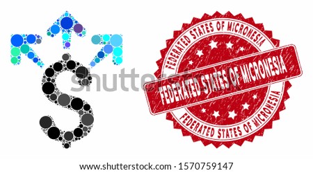 Mosaic spend money and corroded stamp watermark with Federated States of Micronesia phrase. Mosaic vector is composed with spend money icon and with scattered circle items.
