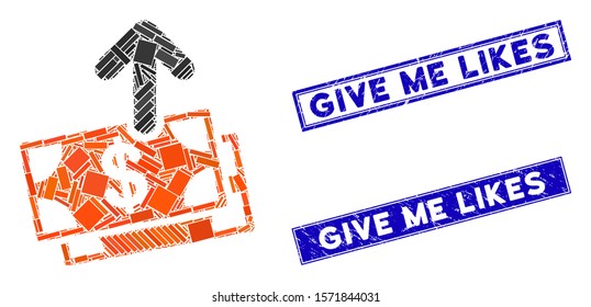 Mosaic spend money icon and rectangle Give Me Likes rubber prints. Flat vector spend money mosaic pictogram of random rotated rectangle items. Blue Give Me Likes seals with rubber textures.