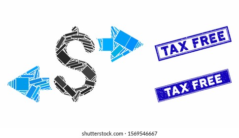 Mosaic spend money icon and rectangular rubber prints. Flat vector spend money mosaic pictogram of scattered rotated rectangular items. Blue caption rubber seals with rubber texture.