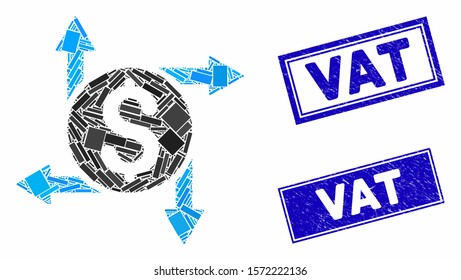 Mosaic spend money pictogram and rectangle Vat seals. Flat vector spend money mosaic pictogram of randomized rotated rectangular items. Blue Vat rubber seals with rubber textures.