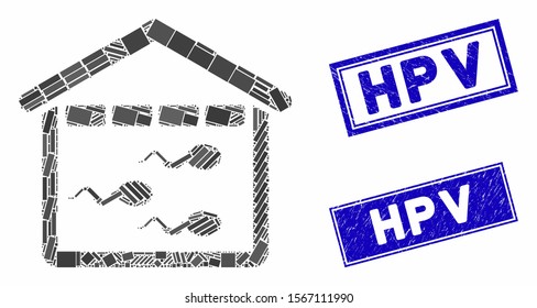 Mosaic sperm bank icon and rectangular stamps. Flat vector sperm bank mosaic icon of scattered rotated rectangular elements. Blue caption rubber stamps with dirty texture.