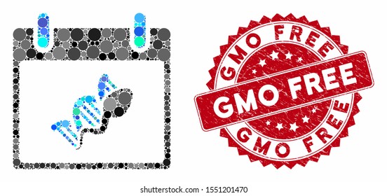 Mosaic sperm DNA replication calendar day and distressed stamp seal with GMO Free text. Mosaic vector is composed with sperm DNA replication calendar day icon and with scattered round items.
