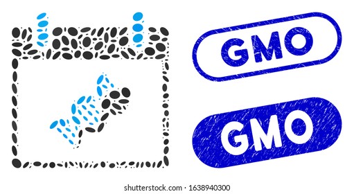 Mosaic sperm DNA replication calendar day and rubber stamp watermarks with GMO text. Mosaic vector sperm DNA replication calendar day is designed with scattered oval items.