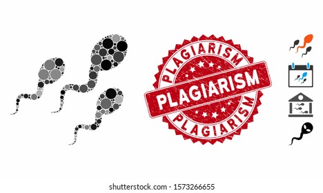 Mosaic Sperm Icon And Rubber Stamp Seal With Plagiarism Phrase. Mosaic Vector Is Created With Sperm Icon And With Random Round Items. Plagiarism Seal Uses Red Color, And Scratched Design.