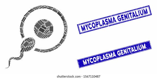 Mosaic sperm insemination pictogram and rectangular stamps. Flat vector sperm insemination mosaic pictogram of scattered rotated rectangular elements. Blue caption seal stamps with distress surface.