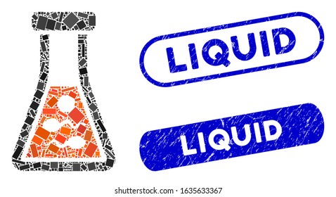 Mosaic sperm liquid and corroded stamp watermarks with Liquid caption. Mosaic vector sperm liquid is composed with randomized rectangle items. Liquid stamp seals use blue color,