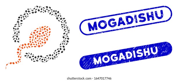 Marcas de agua con sello de goma y penetración de esperma mosaico con frases de Mogadishu. La penetración del esperma vectorial mosaico está diseñada con partes ovales dispersas. Los sellos de sello de Mogadishu utilizan el color azul,