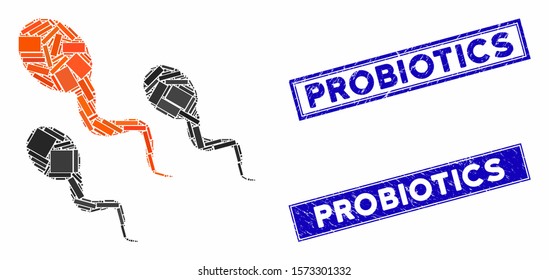 Mosaic sperm pictogram and rectangular Probiotics watermarks. Flat vector sperm mosaic pictogram of scattered rotated rectangular elements. Blue Probiotics watermarks with grunge surface.