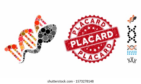 Mosaic sperm replication icon and rubber stamp seal with Placard text. Mosaic vector is composed with sperm replication pictogram and with randomized round items. Placard stamp seal uses red color,