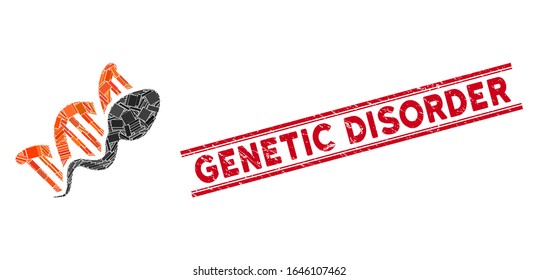 Mosaikvervielfältigung Piktogramm und rote Genetikerkrankung versiegeln zwischen zwei parallelen Linien. Flaches Vektorillustration-Samenreplikations-Piktogramm aus verstreuten Rechteck-Elementen.