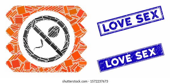 Mosaic spermicide condom pictogram and rectangular Love Sex seal stamps. Flat vector spermicide condom mosaic pictogram of random rotated rectangle items.