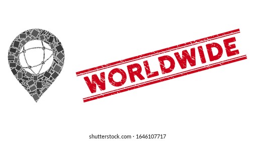Mosaic sphere marker icon and red Worldwide seal stamp between double parallel lines. Flat vector sphere marker mosaic pictogram of randomized rotated rectangular elements.