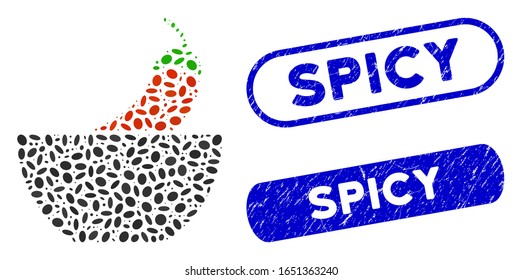Mosaic spicy food and corroded stamp watermarks with Spicy text. Mosaic vector spicy food is formed with scattered elliptic items. Spicy stamp seals use blue color, and have rounded rectangle shape.